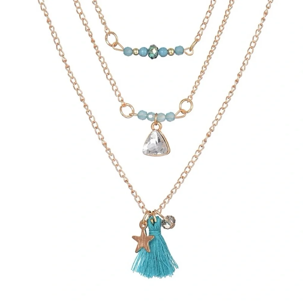 Layered Charm Beaded Necklace Women Color Gold & Blue